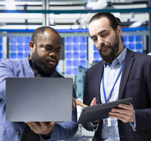 Multiethnic professional consultants engaging in a strategy meeting briefing on the production line, aligning corporate goals with renewable power engineering innovations. Photovoltaics.